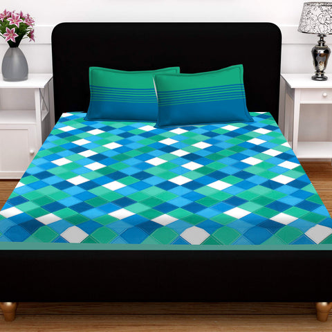 SheetKart 144 TC Cotton Floral Jaipuri Printed Double Bedsheet with 2 Pillow Covers, Blue and Green - SheetKart