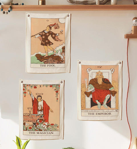 SheetKart Tarot Flag Tapestry - Bohemian Cotton Printed Hand Made Wall Hanging Tapestries with Steel Grommets, Beige, Pack of 3 - SheetKart
