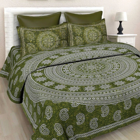 SheetKart Floral Cotton Jaipuri Double Bedsheet with 2 Pillow Covers, Green - SheetKart