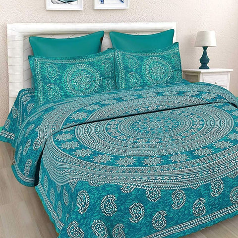 SheetKart Floral 144 TC Cotton Double Bedsheet with 2 Pillow Covers, Sea Green - SheetKart