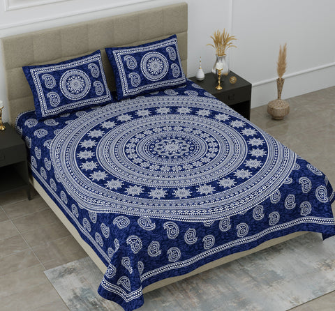 SheetKart Mandala Motif Printed 144 TC Cotton Double Bedsheet with 2 Pillow Covers - Navy Blue