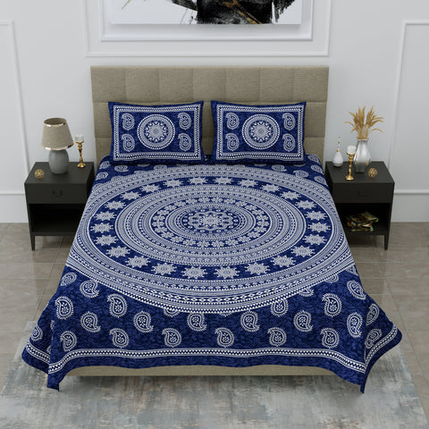 SheetKart Mandala Motif Printed 144 TC Cotton Double Bedsheet with 2 Pillow Covers - Navy Blue