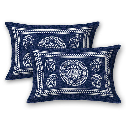 SheetKart Mandala Motif Printed 144 TC Cotton Double Bedsheet with 2 Pillow Covers - Navy Blue