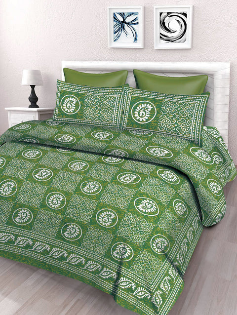 SheetKart Floral 144 TC Cotton Double Bedsheet with 2 Pillow Covers, Green