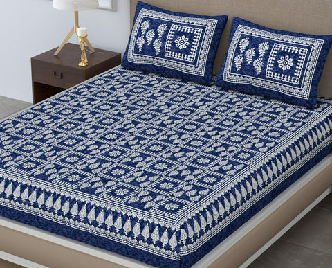 SheetKart 144 TC Cotton Double Bedsheet - Columbine Floral Batik King Size Bed Sheet with 2 Pillow Covers, Sharp Navy Blue