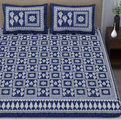 SheetKart 144 TC Cotton Double Bedsheet - Columbine Floral Batik King Size Bed Sheet with 2 Pillow Covers, Sharp Navy Blue