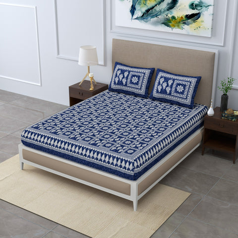 SheetKart 144 TC Cotton Double Bedsheet - Columbine Floral Batik King Size Bed Sheet with 2 Pillow Covers, Sharp Navy Blue
