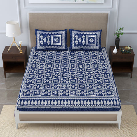 SheetKart 144 TC Cotton Double Bedsheet - Columbine Floral Batik King Size Bed Sheet with 2 Pillow Covers, Sharp Navy Blue