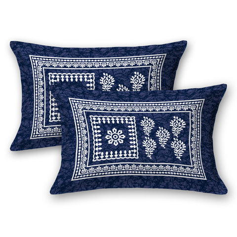 SheetKart 144 TC Cotton Double Bedsheet - Columbine Floral Batik King Size Bed Sheet with 2 Pillow Covers, Sharp Navy Blue