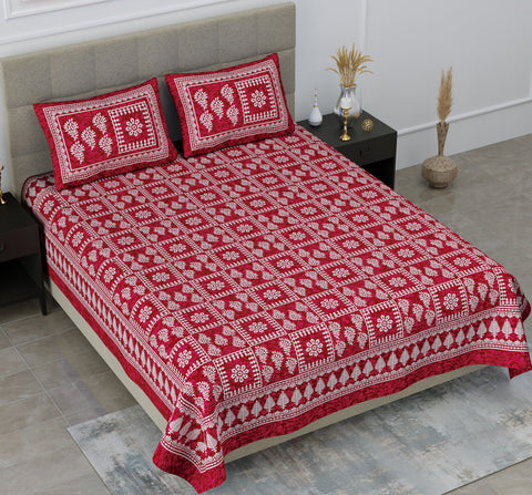 SheetKart Floral 144 TC Cotton Double Bedsheet with 2 Pillow Covers, Burgundy