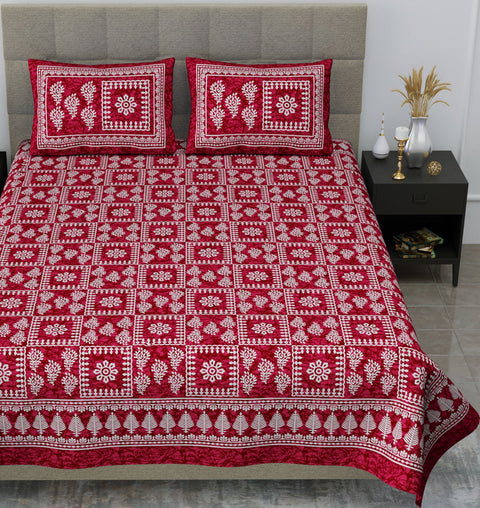 SheetKart Floral 144 TC Cotton Double Bedsheet with 2 Pillow Covers, Burgundy