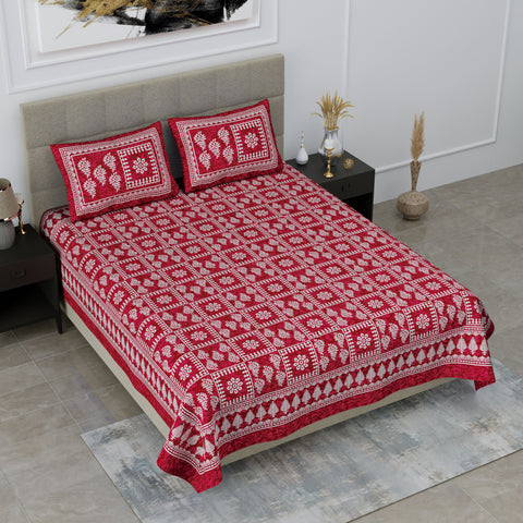 SheetKart Floral 144 TC Cotton Double Bedsheet with 2 Pillow Covers, Burgundy