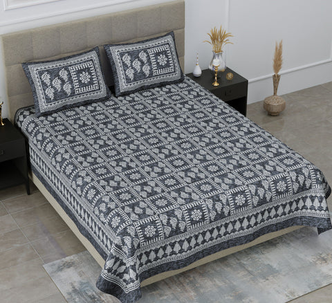SheetKart 144 TC Squares Printed Jaipuri Floral Printed Cotton Bedsheet with 2 Pillow Covers, Grey