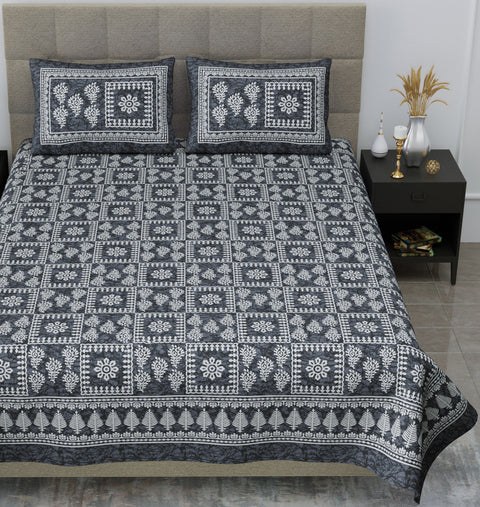 SheetKart 144 TC Squares Printed Jaipuri Floral Printed Cotton Bedsheet with 2 Pillow Covers, Grey