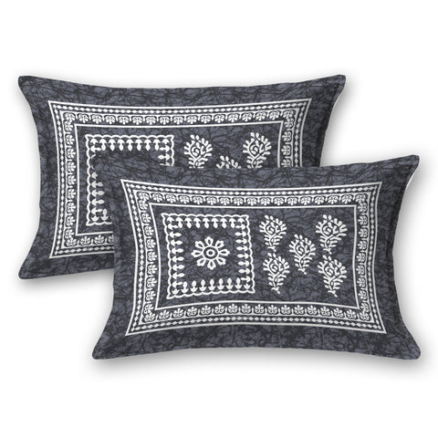 SheetKart 144 TC Squares Printed Jaipuri Floral Printed Cotton Bedsheet with 2 Pillow Covers, Grey