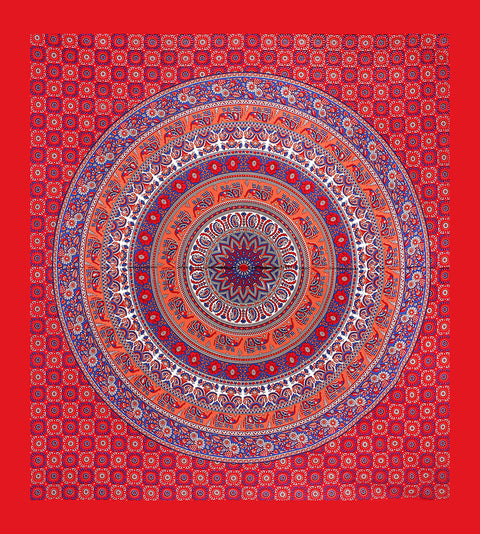 SheetKart Elephant Mandala Cotton Red Double King Size Jaipuri Bedsheet with 2 Pillow Covers - SheetKart