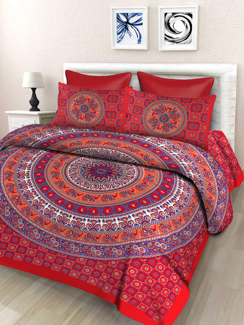 SheetKart Elephant Mandala Cotton Red Double King Size Jaipuri Bedsheet with 2 Pillow Covers - SheetKart