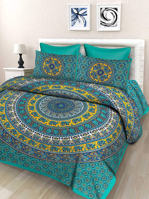 SheetKart Elephant Mandala 144 TC 100% Cotton Double Super King Size Bedsheet with 2 Pillow Covers, Green
