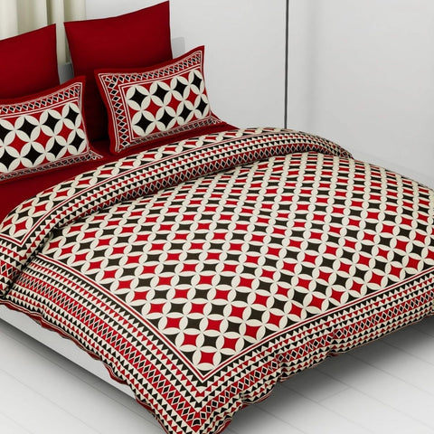 SheetKart Foursquare 144 TC Cotton Double Bedsheet with 2 Pillow Covers, Black and Red - SheetKart