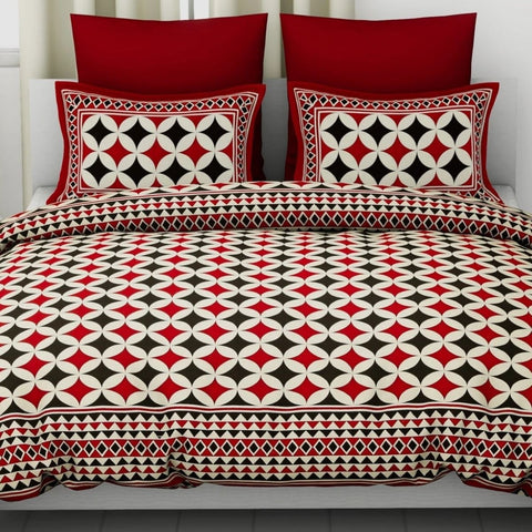 SheetKart Foursquare 144 TC Cotton Double Bedsheet with 2 Pillow Covers, Black and Red - SheetKart