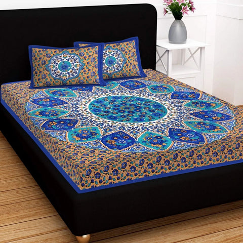SheetKart Floral 144 TC 100% Cotton Jaipuri Printed Double Bedsheet with 2 Pillow Covers in Blue - SheetKart