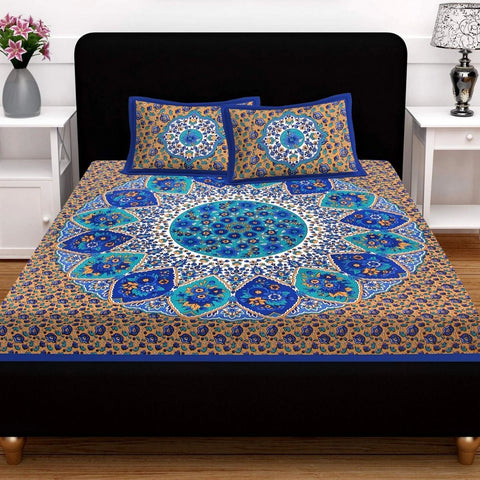 SheetKart Floral 144 TC 100% Cotton Jaipuri Printed Double Bedsheet with 2 Pillow Covers in Blue - SheetKart