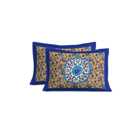 SheetKart Floral 144 TC 100% Cotton Jaipuri Printed Double Bedsheet with 2 Pillow Covers in Blue - SheetKart