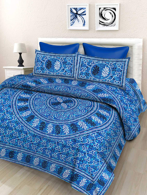 SheetKart Floral 144 TC 100% Cotton Double Bedsheet with 2 Pillow Covers, Sapphire Blue
