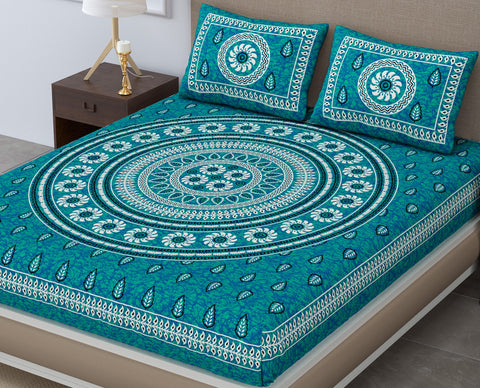 SheetKart 144 TC Cotton Double Bedsheet - Alyssa Floral Batik King Size Bed Sheet with 2 Pillow Covers, Snow Bell Sea Green
