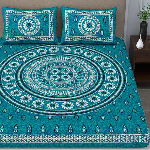 SheetKart 144 TC Cotton Double Bedsheet - Alyssa Floral Batik King Size Bed Sheet with 2 Pillow Covers, Snow Bell Sea Green