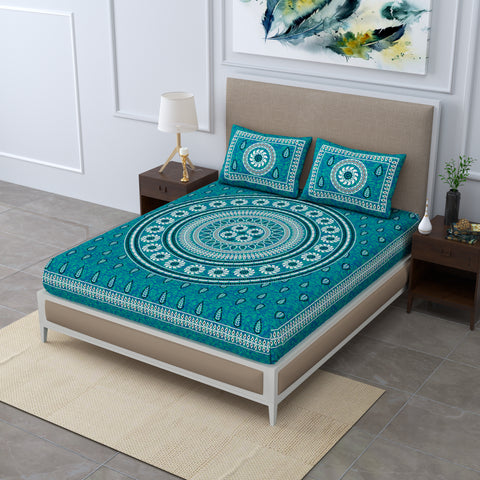 SheetKart 144 TC Cotton Double Bedsheet - Alyssa Floral Batik King Size Bed Sheet with 2 Pillow Covers, Snow Bell Sea Green
