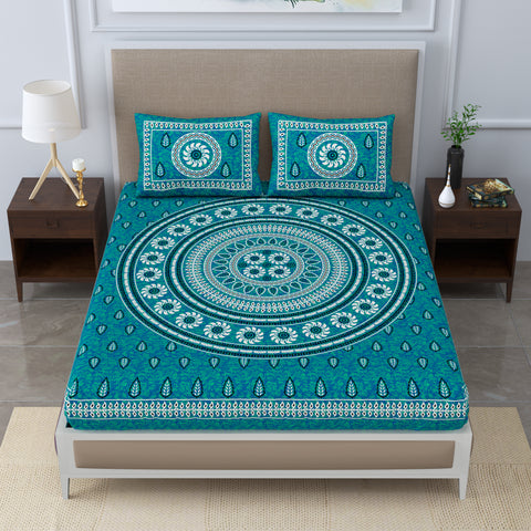 SheetKart 144 TC Cotton Double Bedsheet - Alyssa Floral Batik King Size Bed Sheet with 2 Pillow Covers, Snow Bell Sea Green