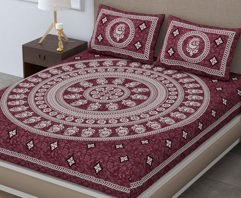SheetKart 144 TC Cotton Double Bedsheet - Cynthia Floral Batik King Size Bed Sheet with 2 Pillow Covers, Dark Choco