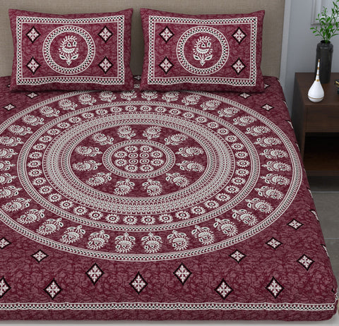 SheetKart 144 TC Cotton Double Bedsheet - Cynthia Floral Batik King Size Bed Sheet with 2 Pillow Covers, Dark Choco