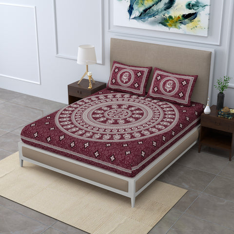SheetKart 144 TC Cotton Double Bedsheet - Cynthia Floral Batik King Size Bed Sheet with 2 Pillow Covers, Dark Choco
