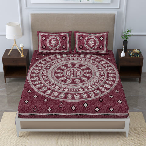 SheetKart 144 TC Cotton Double Bedsheet - Cynthia Floral Batik King Size Bed Sheet with 2 Pillow Covers, Dark Choco