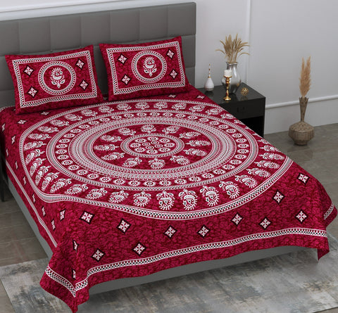SheetKart Motif Printed 144 TC Cotton Double Bedsheet with 2 Pillow Covers - Burgundy