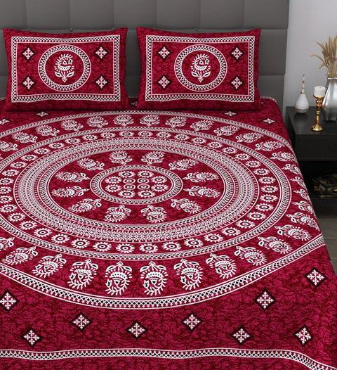 SheetKart Motif Printed 144 TC Cotton Double Bedsheet with 2 Pillow Covers - Burgundy