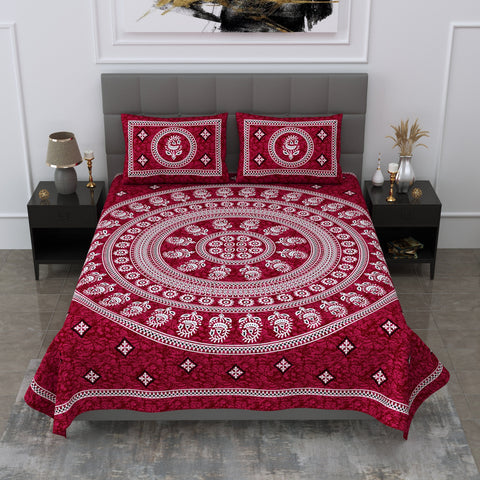 SheetKart Motif Printed 144 TC Cotton Double Bedsheet with 2 Pillow Covers - Burgundy