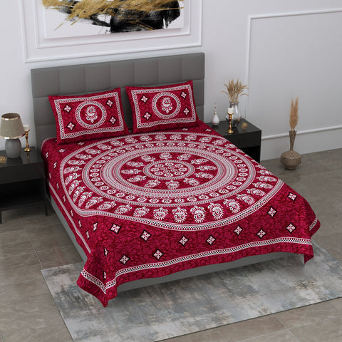 SheetKart Motif Printed 144 TC Cotton Double Bedsheet with 2 Pillow Covers - Burgundy