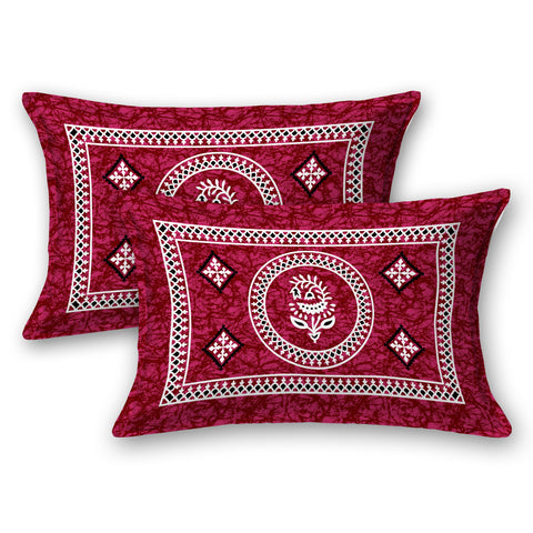 SheetKart Motif Printed 144 TC Cotton Double Bedsheet with 2 Pillow Covers - Burgundy