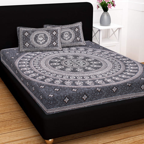 SheetKart 144 TC Cotton Floral Jaipuri Printed Double Bedsheet with 2 Pillow Covers, Grey