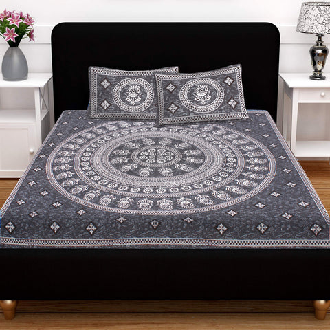 SheetKart 144 TC Cotton Floral Jaipuri Printed Double Bedsheet with 2 Pillow Covers, Grey - SheetKart