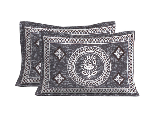 SheetKart 144 TC Cotton Floral Jaipuri Printed Double Bedsheet with 2 Pillow Covers, Grey - SheetKart