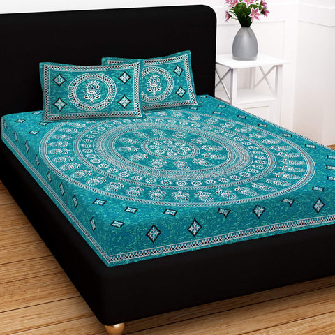 SheetKart 144 TC Cotton Floral Jaipuri Printed Double Bedsheet with 2 Pillow Covers, Sea Green