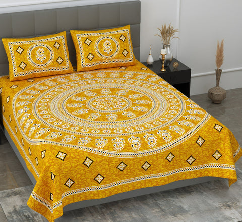 SheetKart Motif Printed 144 TC Cotton Double Bedsheet with 2 Pillow Covers - Yellow