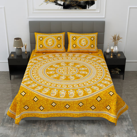 SheetKart Motif Printed 144 TC Cotton Double Bedsheet with 2 Pillow Covers - Yellow