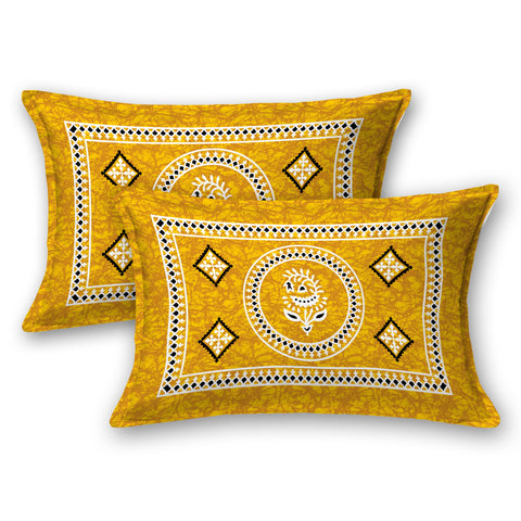 SheetKart Motif Printed 144 TC Cotton Double Bedsheet with 2 Pillow Covers - Yellow