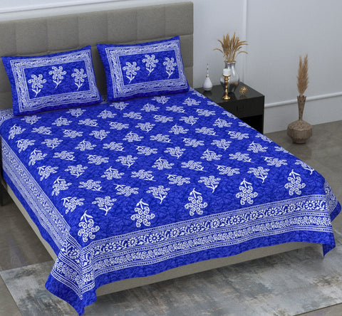 SheetKart Floral Cotton Blue Color Jaipuri Double Bedsheet with 2 Pillow Covers, Blue - SheetKart