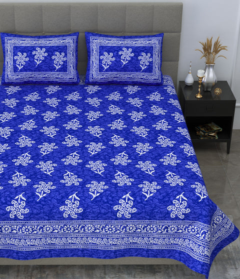 SheetKart Floral Cotton Blue Color Jaipuri Double Bedsheet with 2 Pillow Covers, Blue - SheetKart